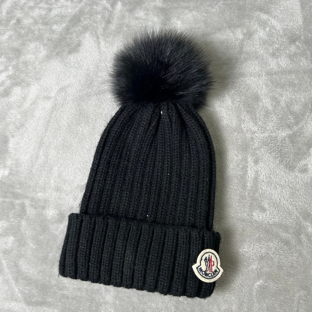 Moncler Black Hat Beanie with Pom Pom Women